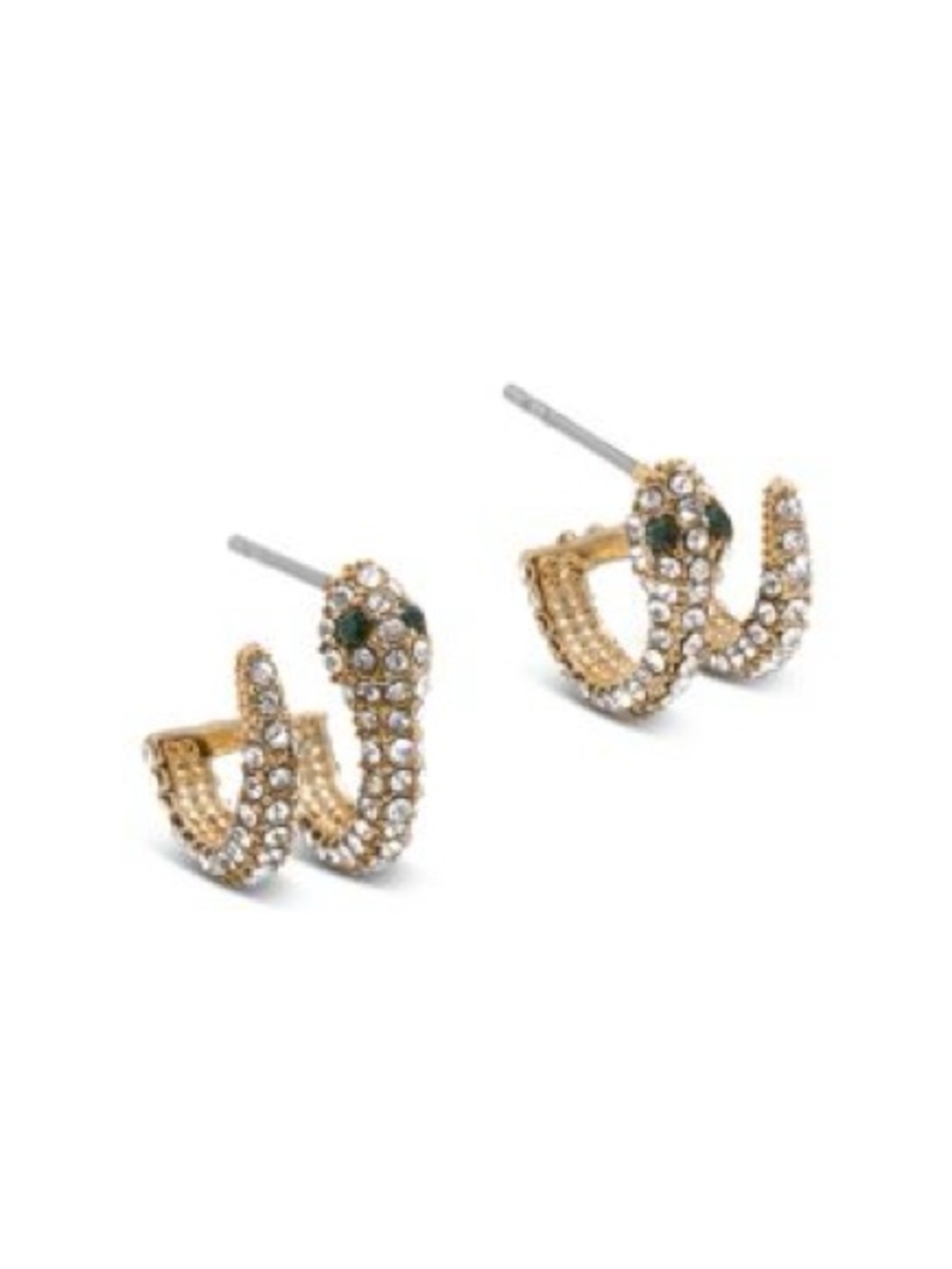 Gold Crystal Snake Stud Earrings with Green Accent